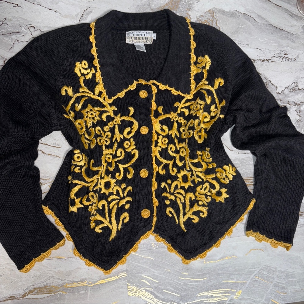 Vintage gold embroidered Chic Black and Gold Women's Cardigan - Picture 2 of 8